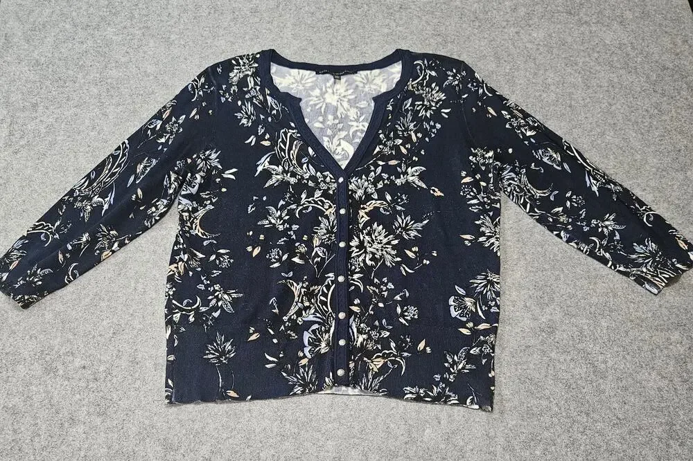 White House Black Market Floral Knit Cardigan Sweater Navy Blue Size XL